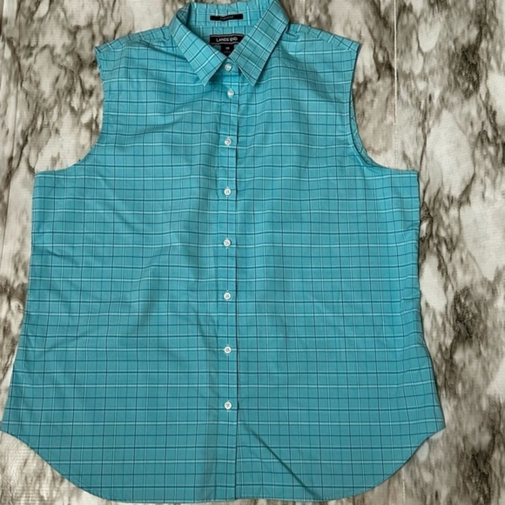 Lands' End Blue Plaid Button Down Sleeveless Lightweight Airy Crunchy Hiking